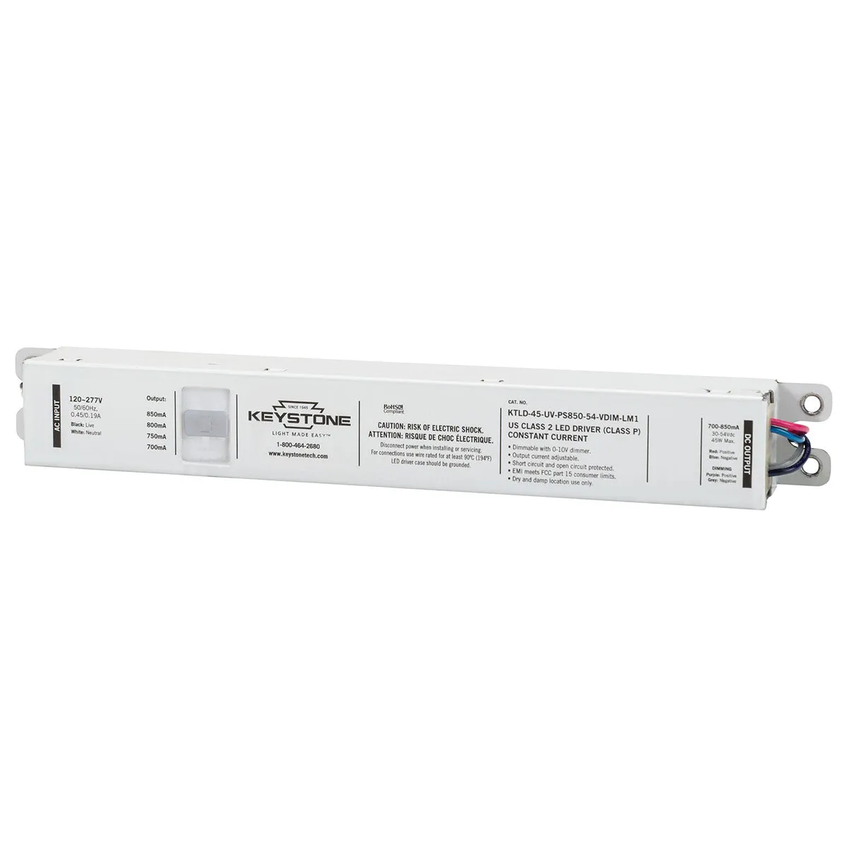 45 Watts LED Driver, Selectable Current 700-850mA, 0-10V Dimming, 120-277V