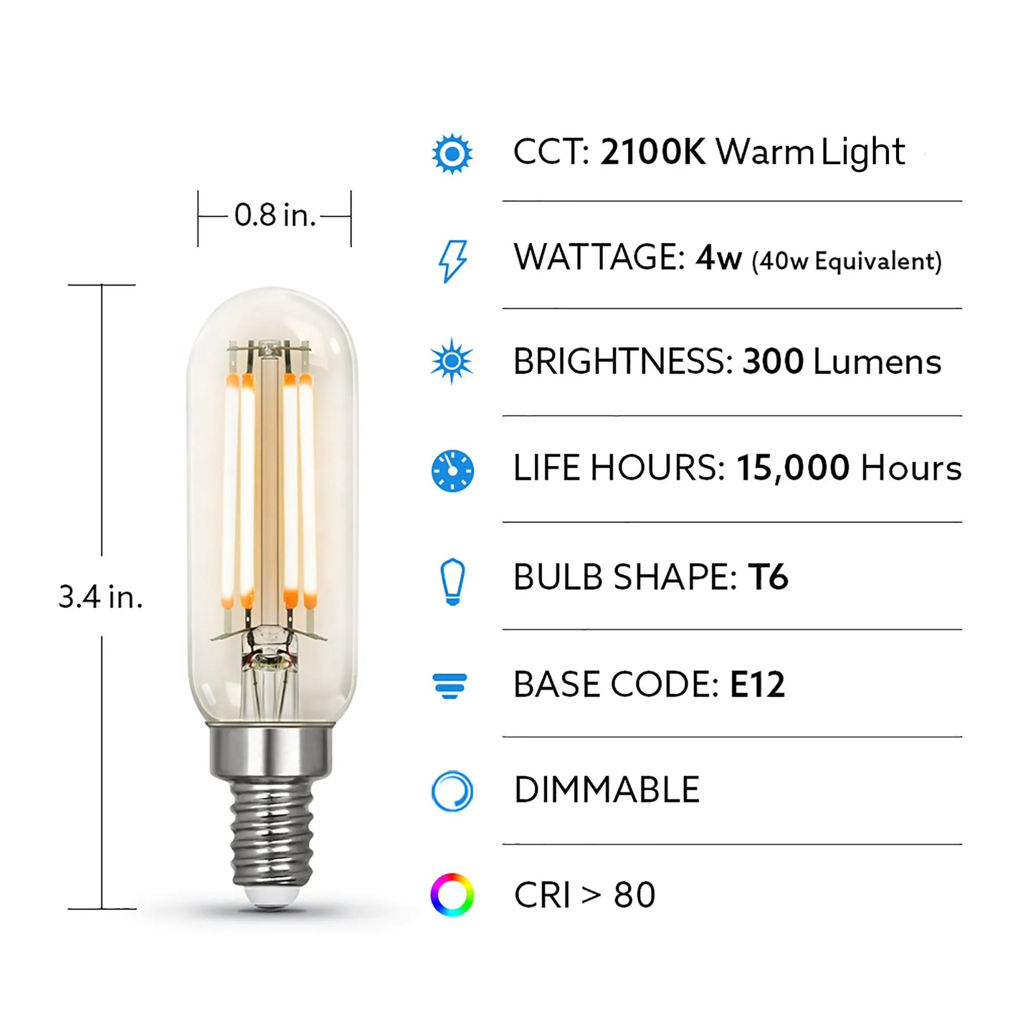 4W (40W Equivalent) Warm Light (2100K) T6 Shape (E12 Base) Clear Glass Filament LED (4-Pack)