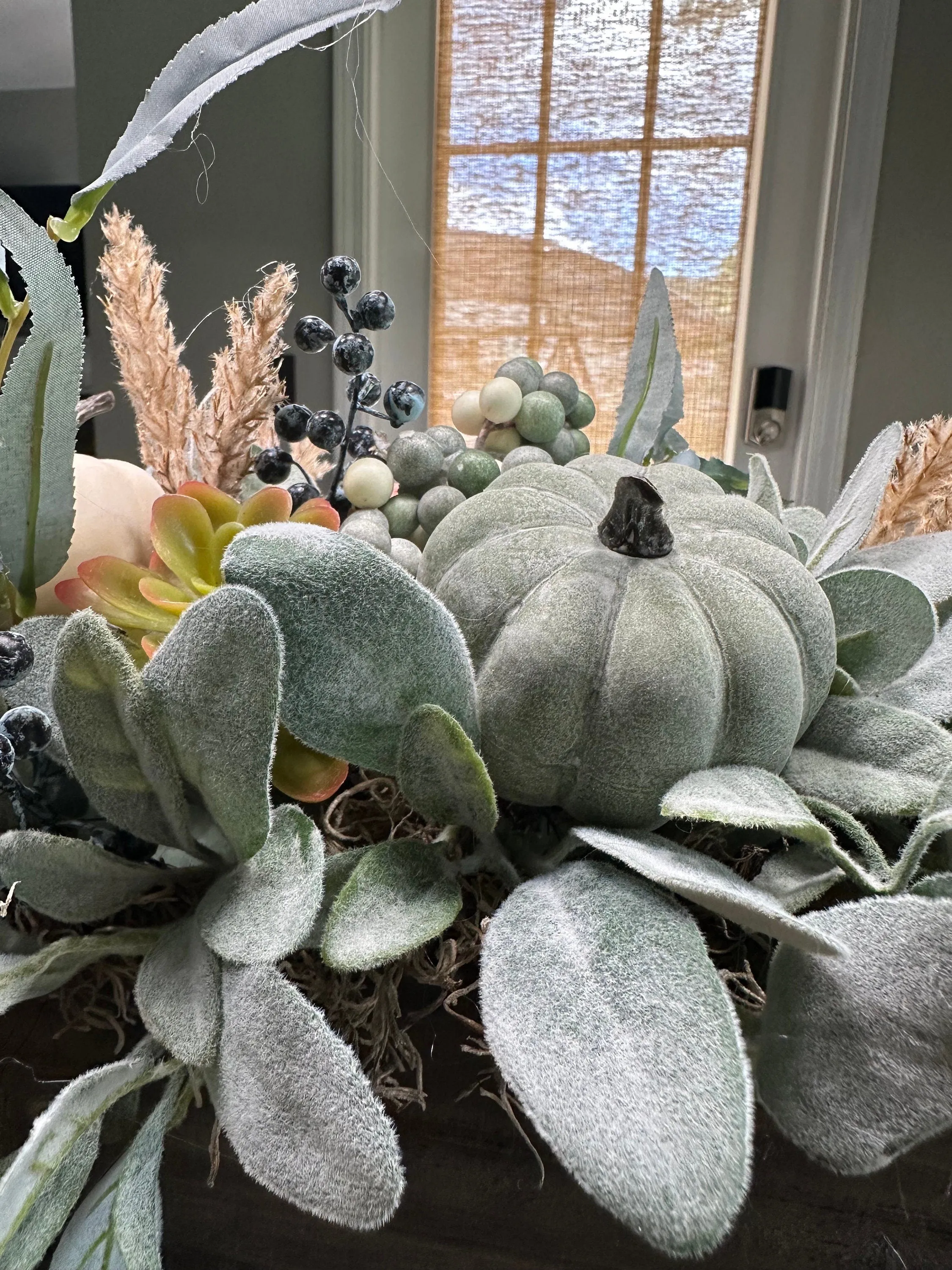 Autumn Harvest Lamb's Ear and Pumpkin Rustic Arrangement
