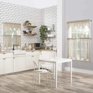 Floral Lace Sheer Rod Pocket Kitchen Curtain Valance and Tiers Set