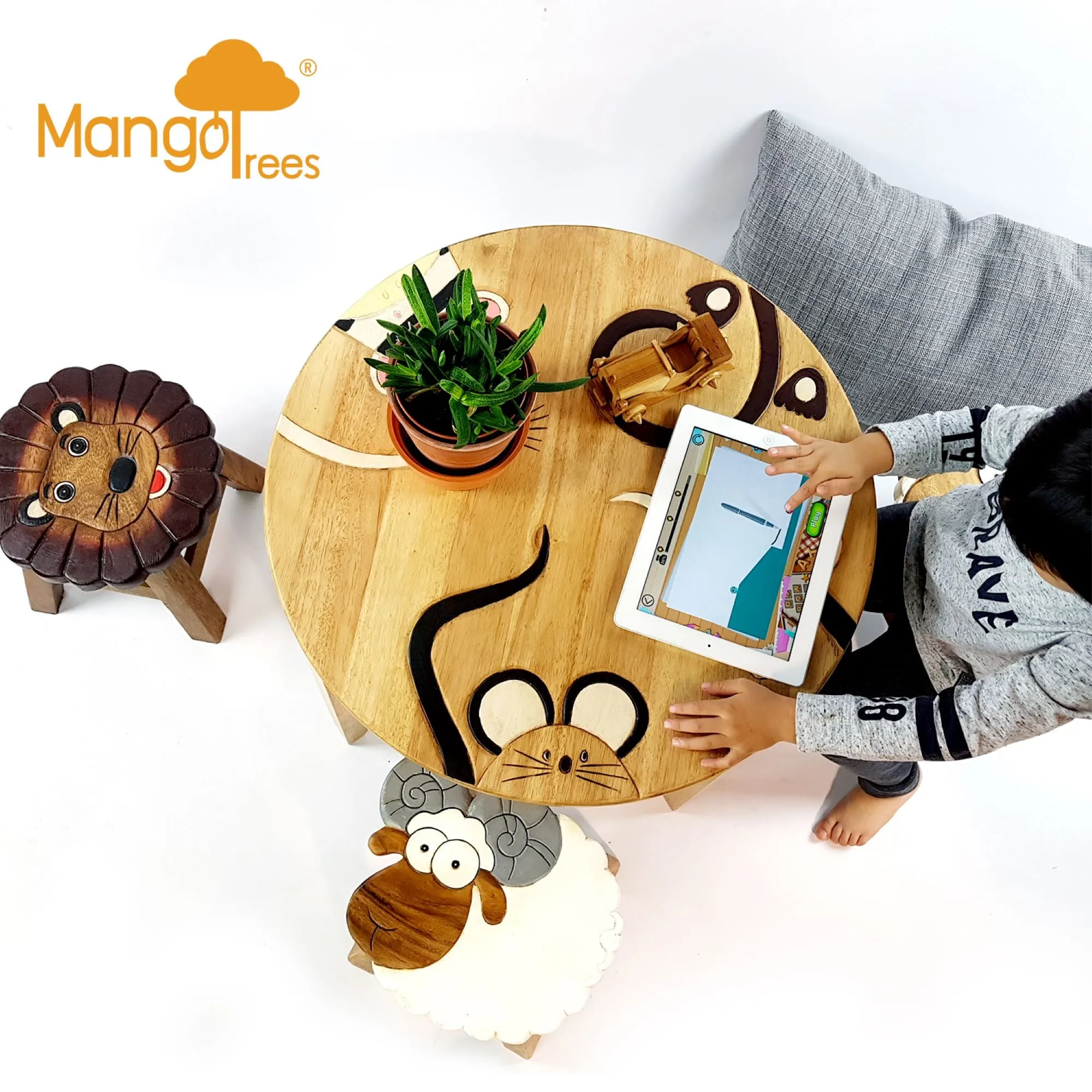 Kids Wooden LION Table   2 animal stools complete set -hand carved Timber Children Furniture.