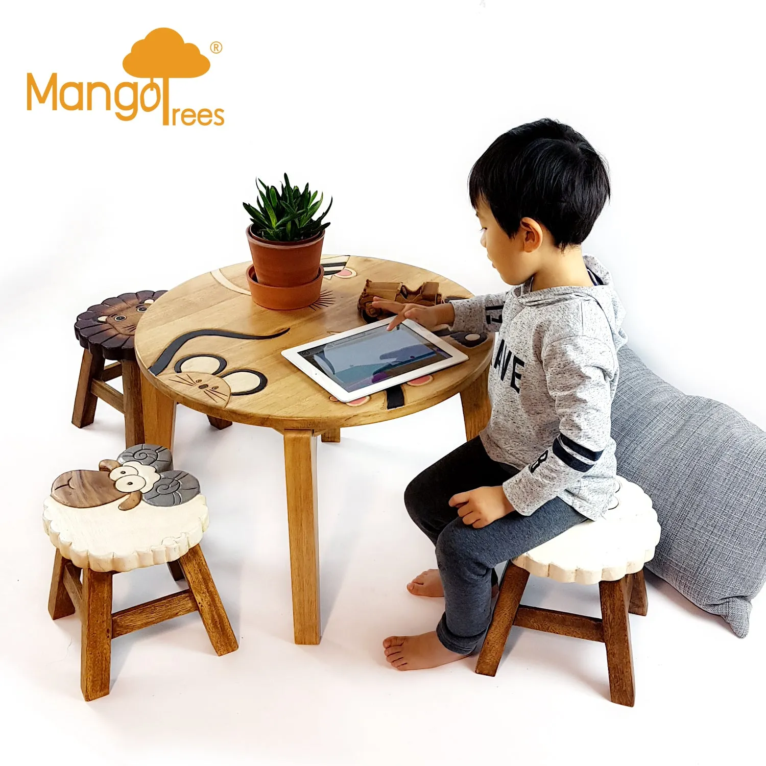 Kids Wooden LION Table   2 animal stools complete set -hand carved Timber Children Furniture.