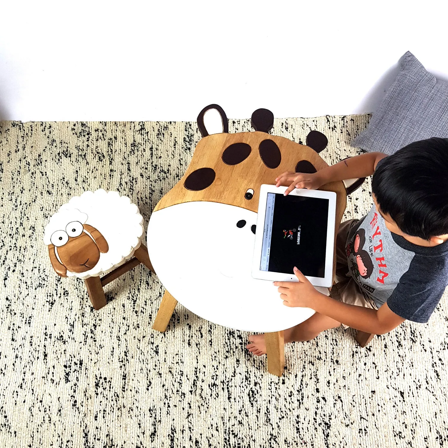 Kids Wooden Table   2 stools Set Giraffe & Sheep themed- hand carved Timber Children Furniture