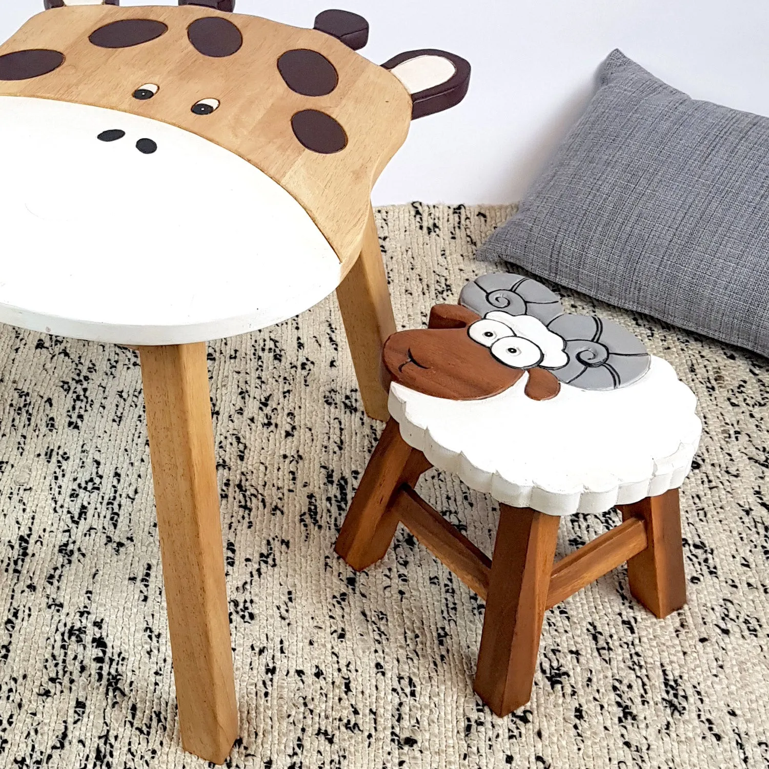 Kids Wooden Table   2 stools Set Giraffe & Sheep themed- hand carved Timber Children Furniture