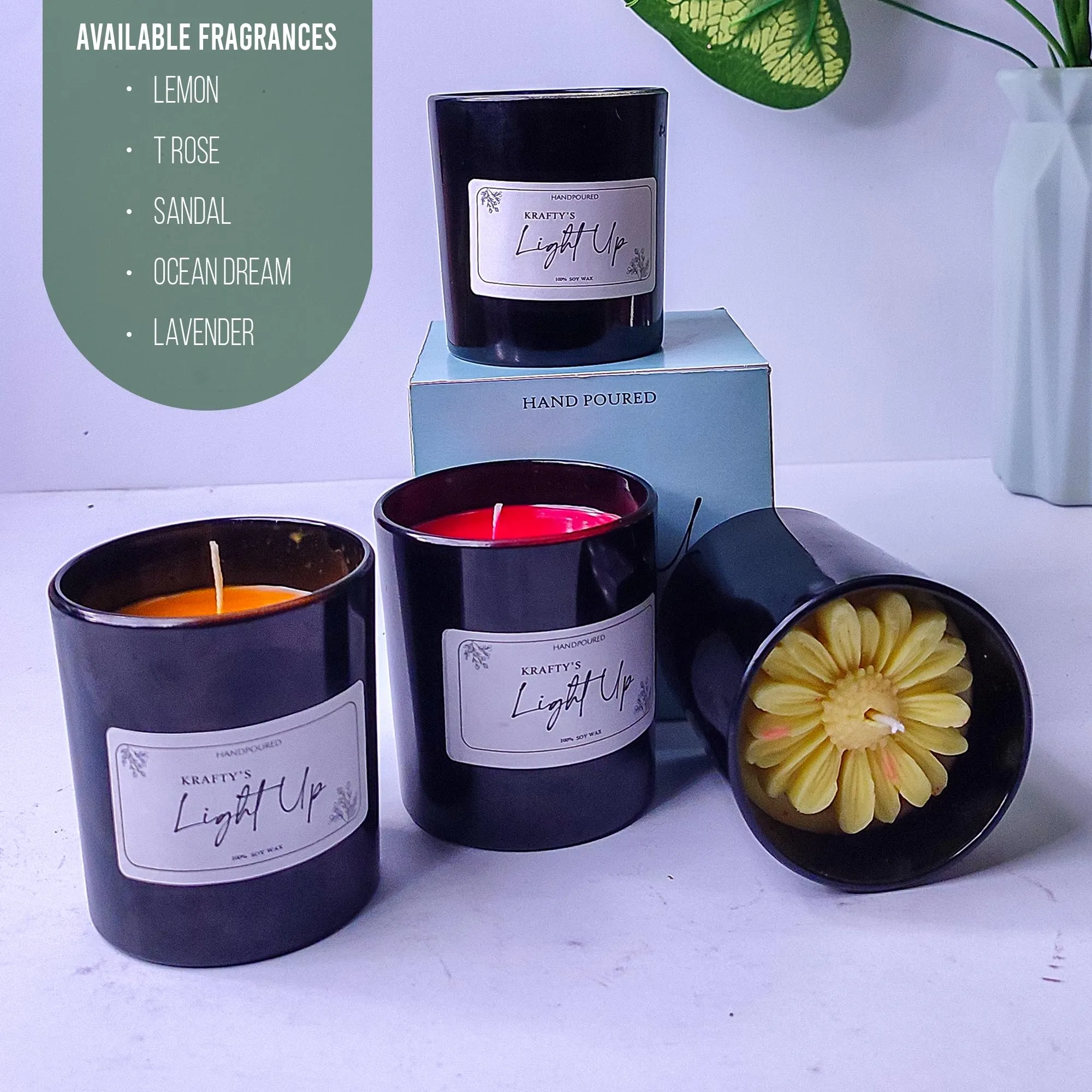 Krafty's Light Up Smoke-Less T Rose Scented Black Colour Candle Jar 150gm, 100-120 Hrs | 100% Soy Wax | Scented Candle for Home Decor | Scented Candles Gift Set| Soy Wax Candles