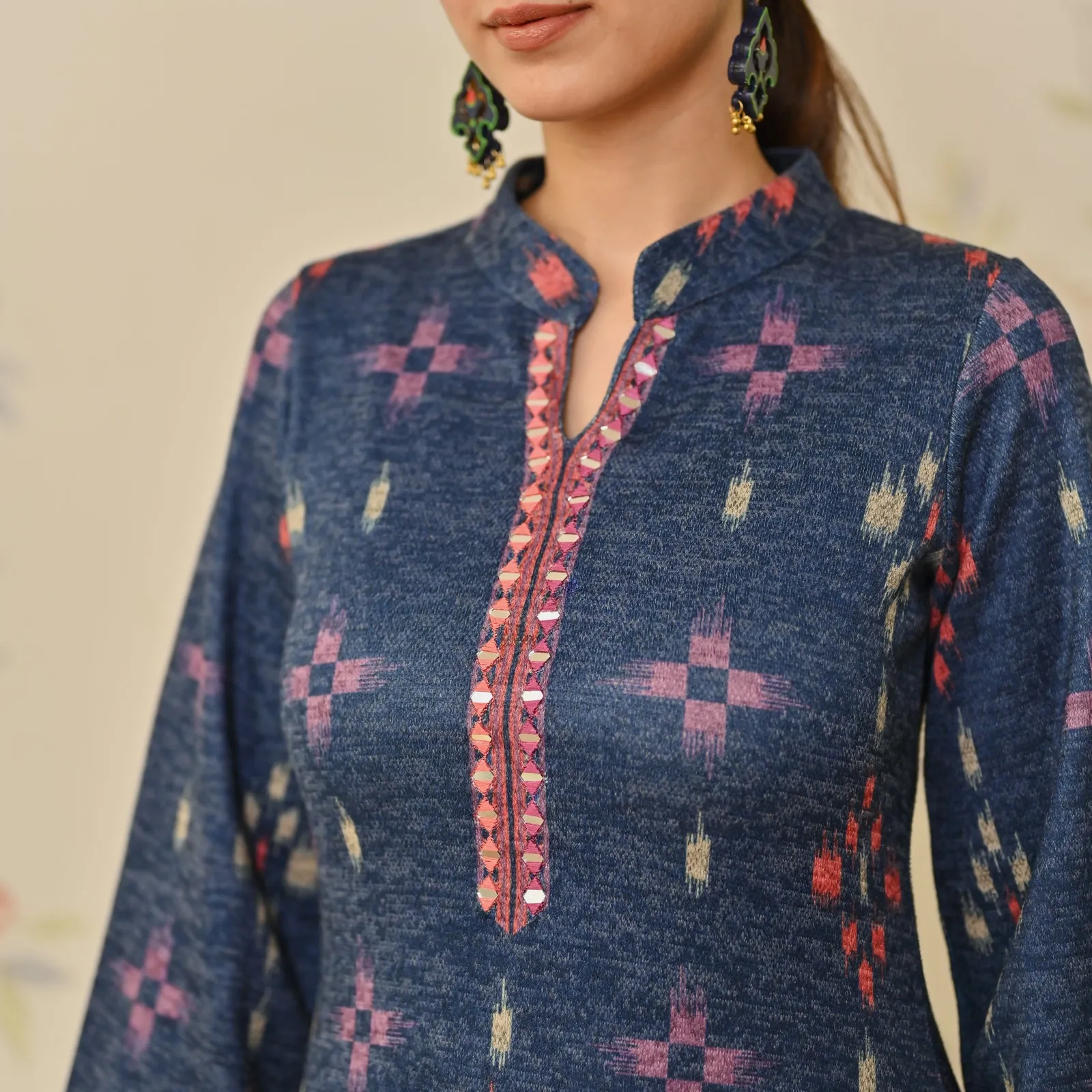 Navy Blue Embroidered & Ikat Printed Woollen Kurta