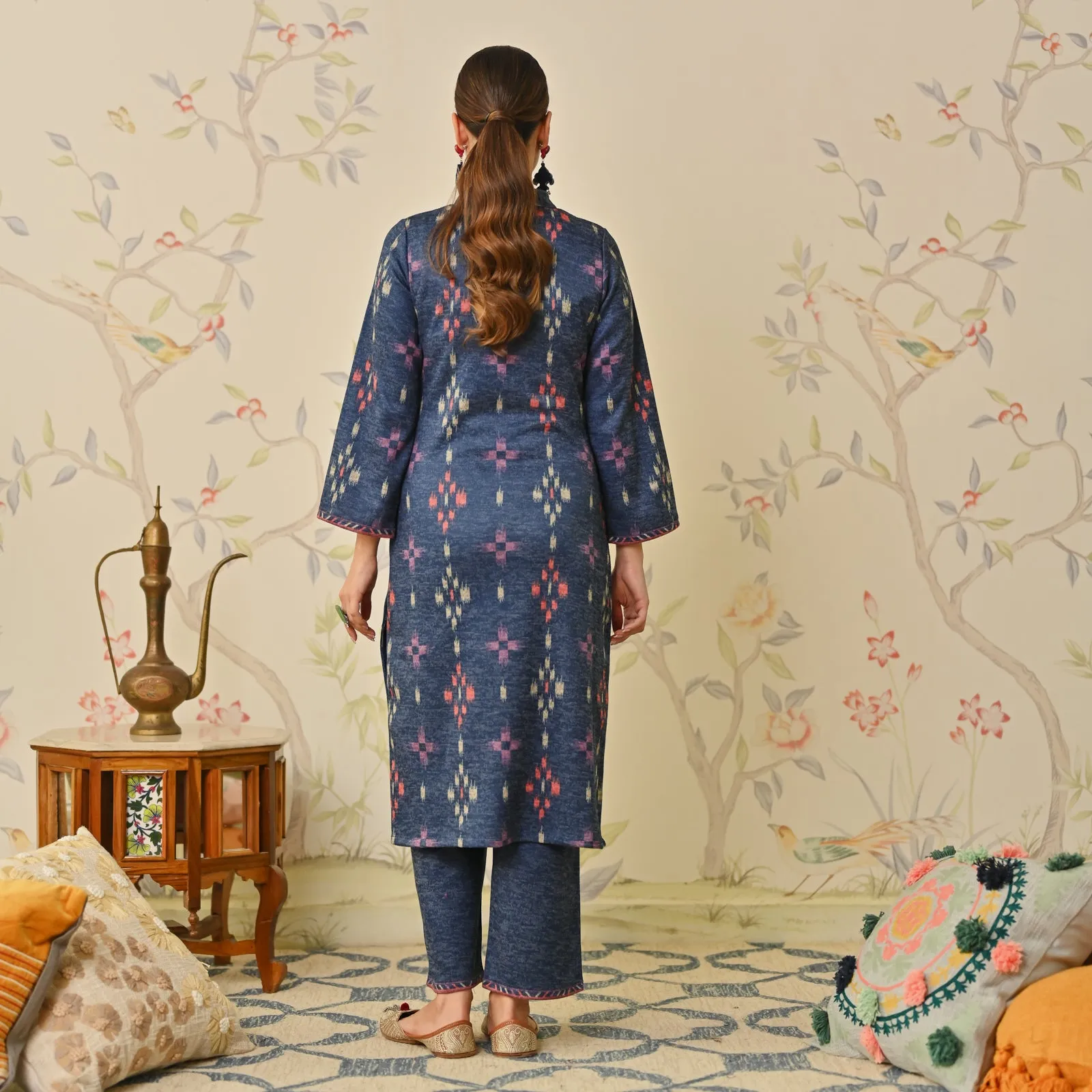 Navy Blue Embroidered & Ikat Printed Woollen Kurta