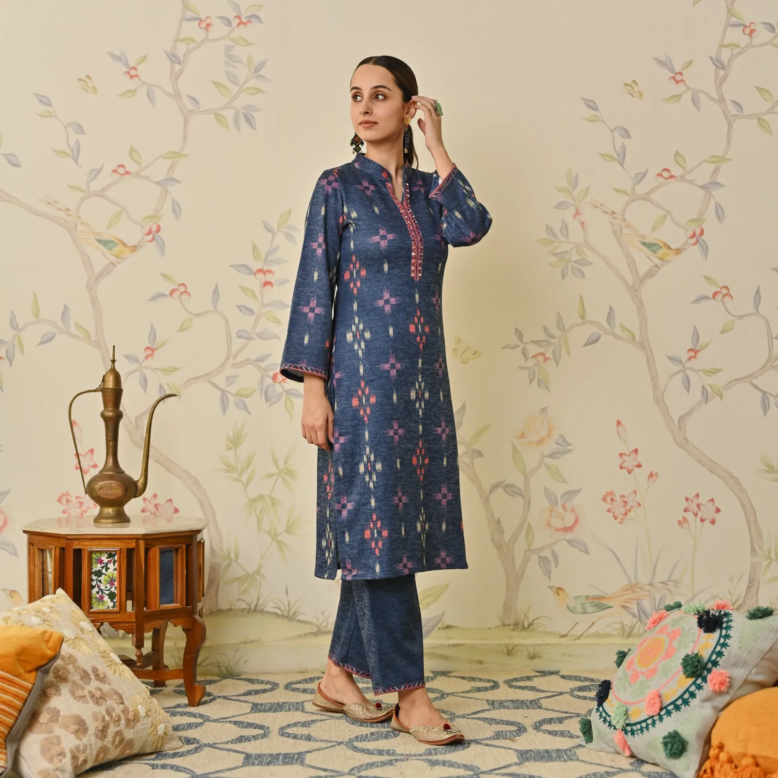 Navy Blue Embroidered & Ikat Printed Woollen Kurta