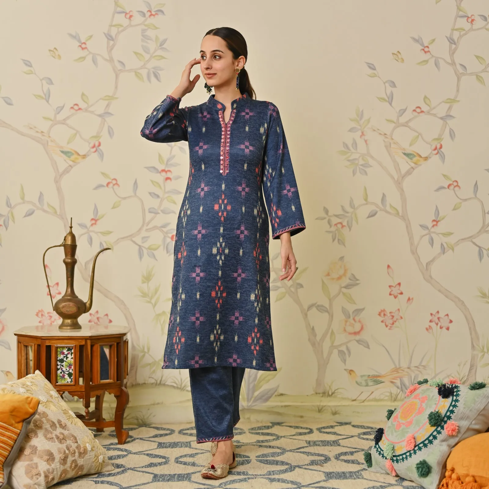 Navy Blue Embroidered & Ikat Printed Woollen Kurta