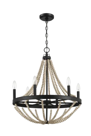 Starry Wood Chandelier Farmhouse Six Candle Light Wood Beaded Black Pendant Light for Dining Room