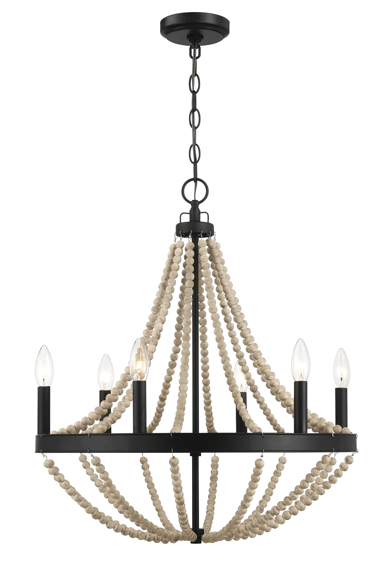 Starry Wood Chandelier Farmhouse Six Candle Light Wood Beaded Black Pendant Light for Dining Room