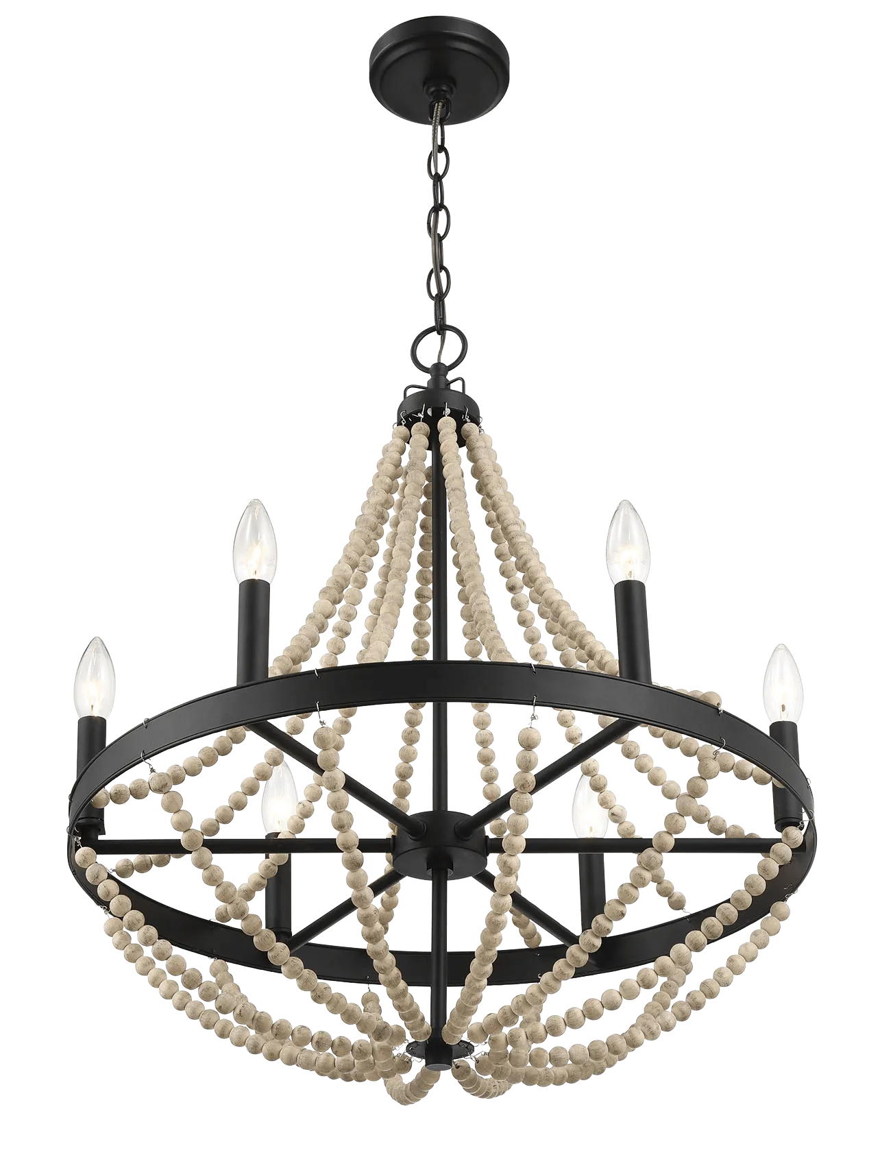 Starry Wood Chandelier Farmhouse Six Candle Light Wood Beaded Black Pendant Light for Dining Room