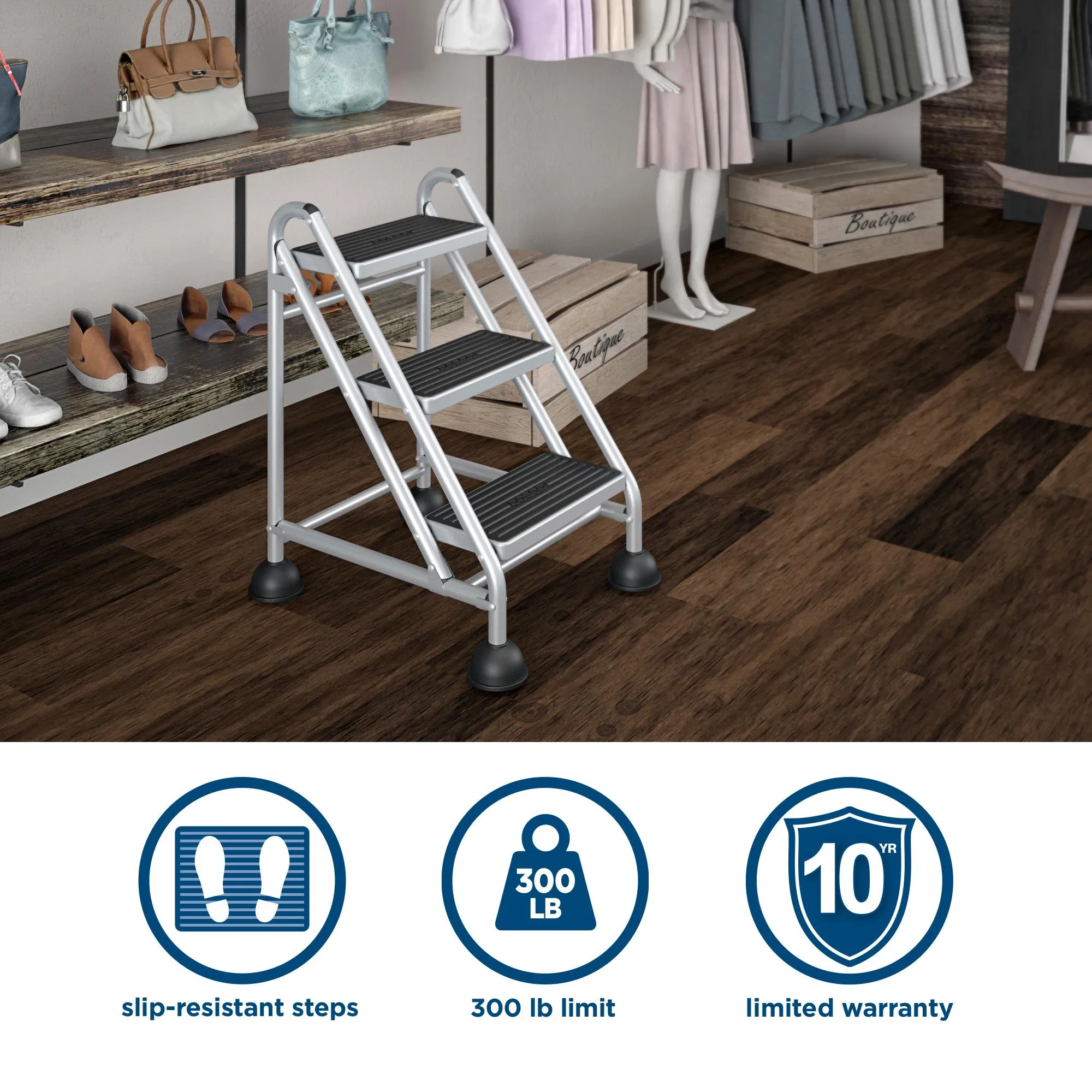 Three-Step Commercial Rolling Step Ladder