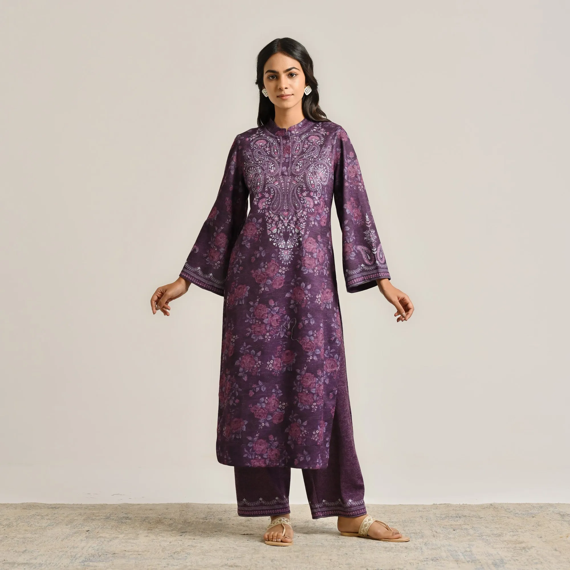 Violet Kashmiri Inspired Woollen Kurta Set with Embroidery Detail
