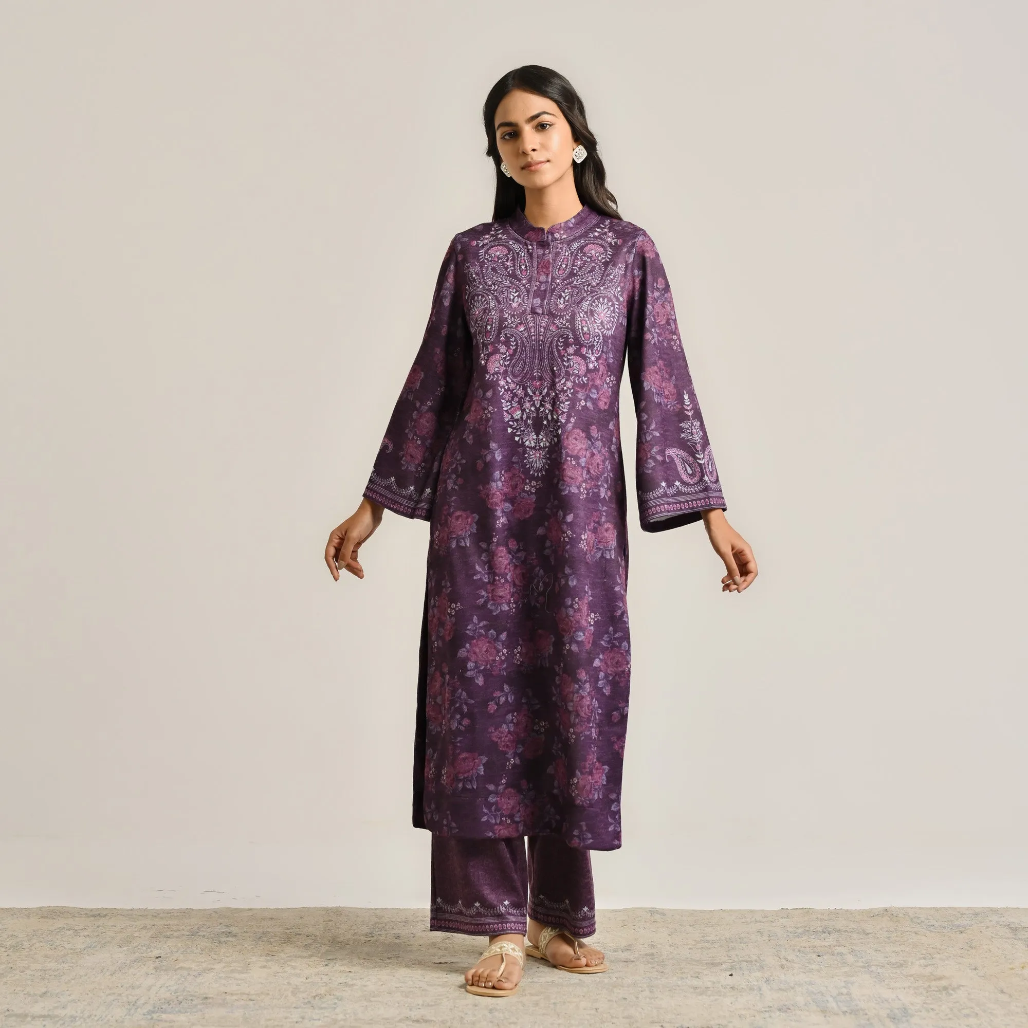 Violet Kashmiri Inspired Woollen Kurta Set with Embroidery Detail
