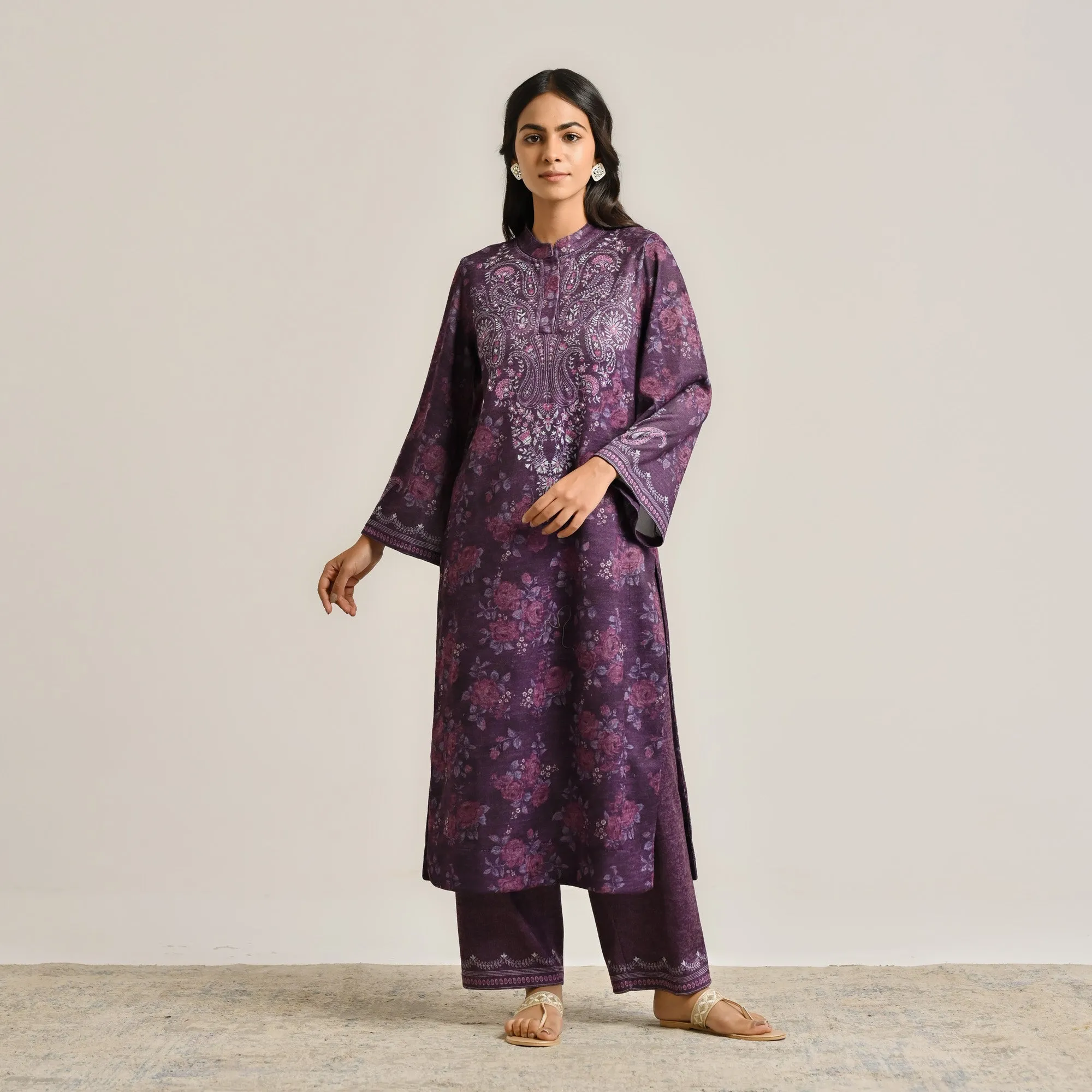 Violet Kashmiri Inspired Woollen Kurta Set with Embroidery Detail