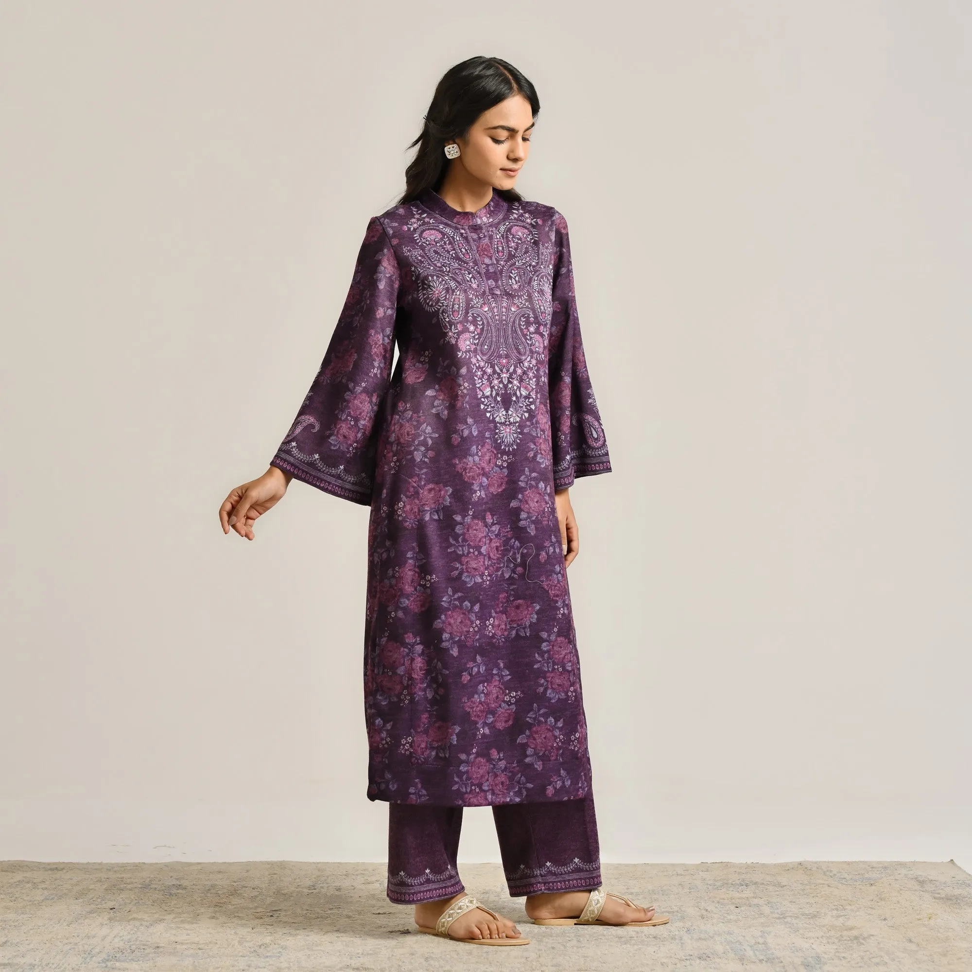 Violet Kashmiri Inspired Woollen Kurta Set with Embroidery Detail