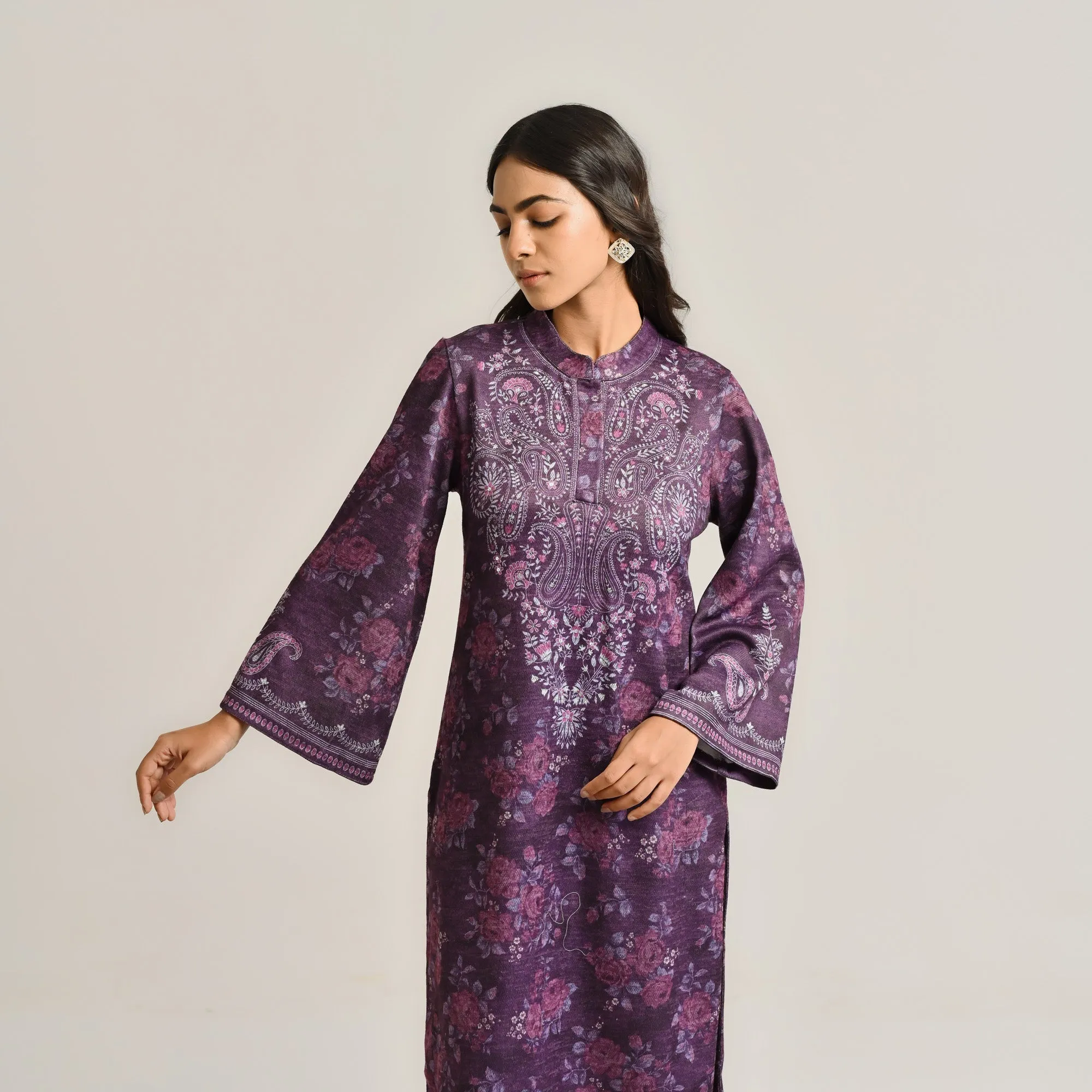 Violet Kashmiri Inspired Woollen Kurta Set with Embroidery Detail