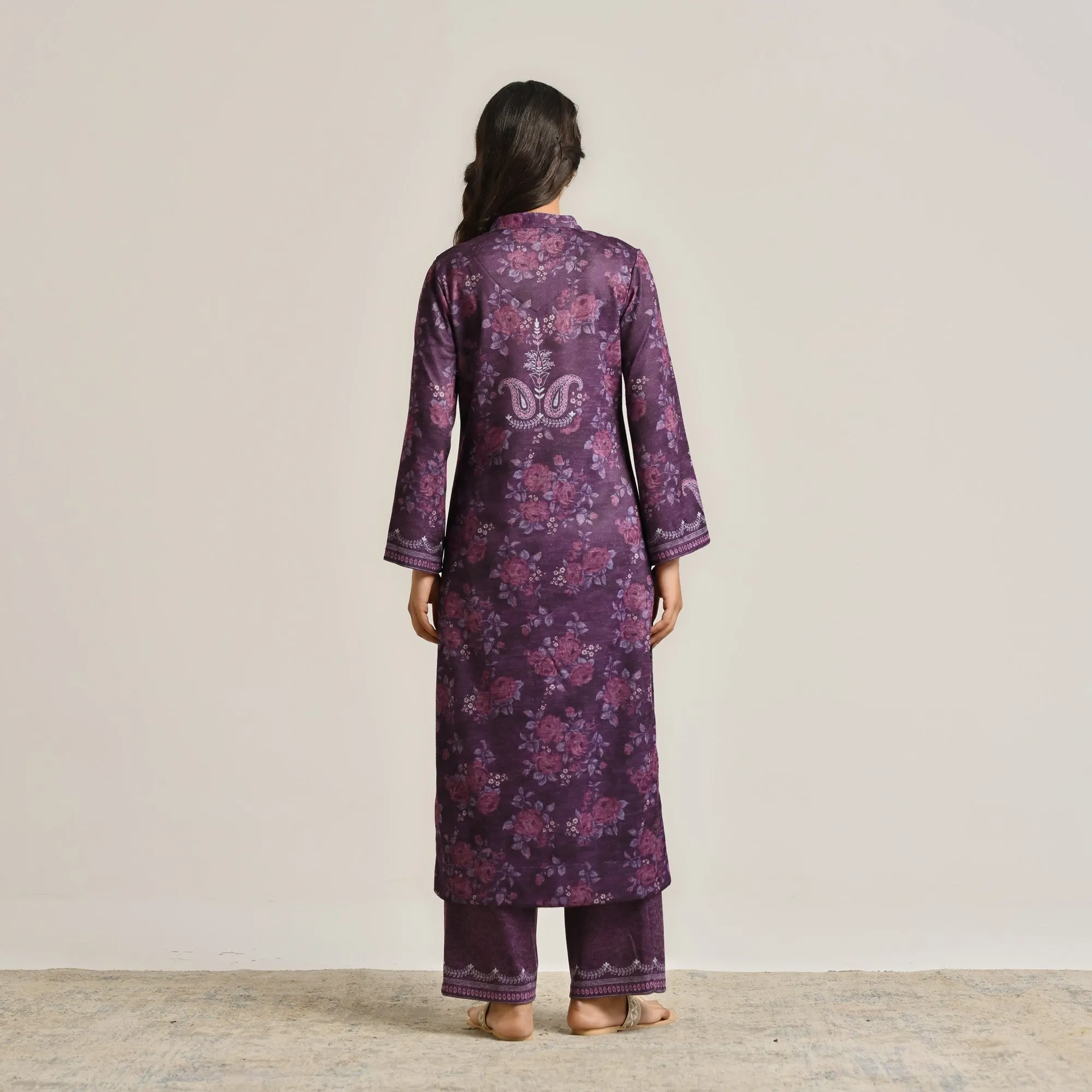 Violet Kashmiri Inspired Woollen Kurta Set with Embroidery Detail