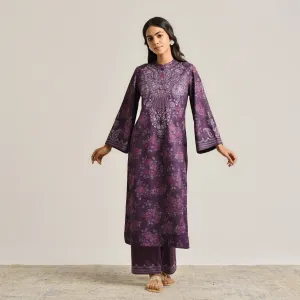 Violet Kashmiri Inspired Woollen Kurta Set with Embroidery Detail