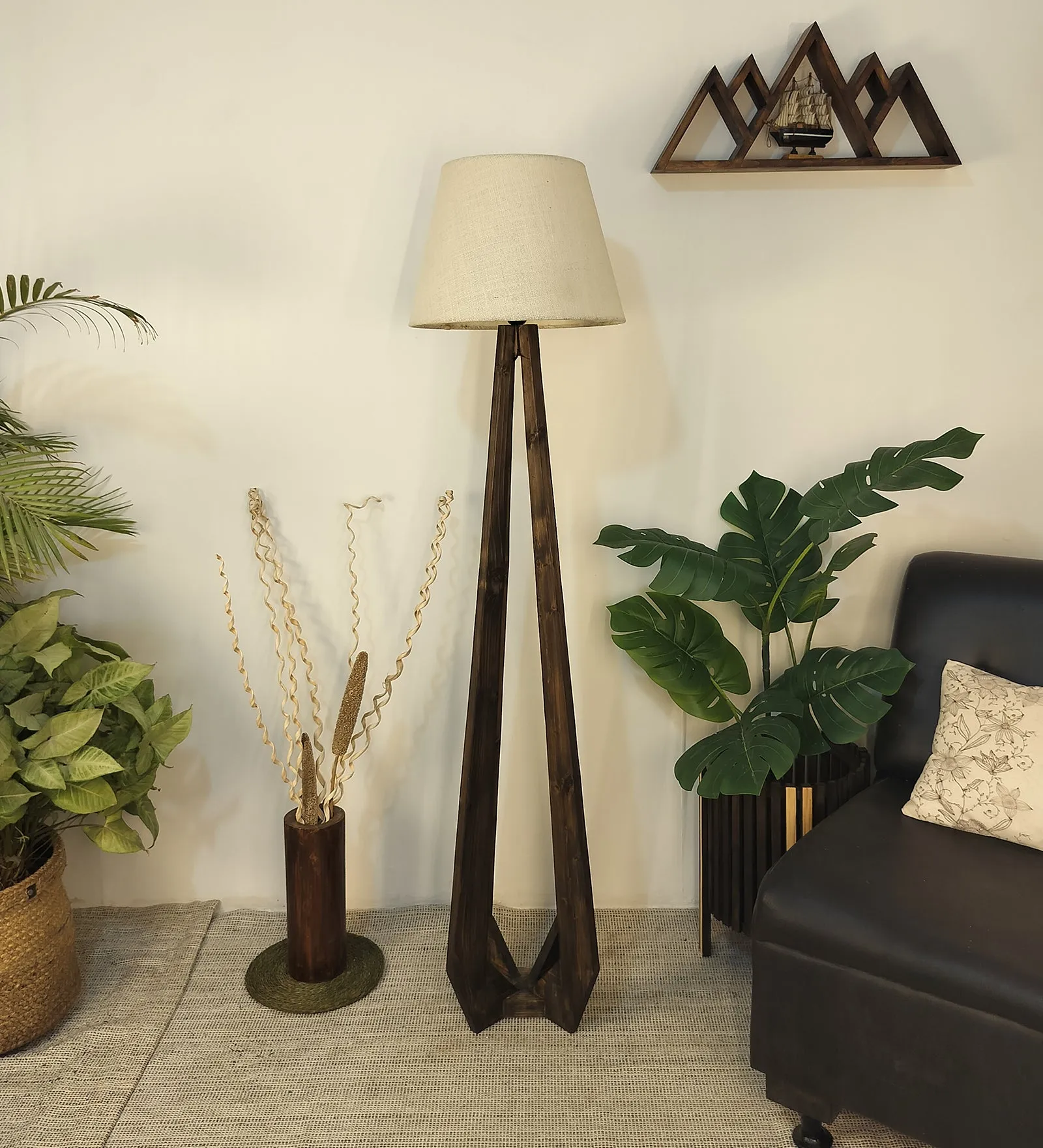 Zoe Wooden Floor Lamp with Brown Base and Jute Fabric Lampshade (BULB NOT INCLUDED)
